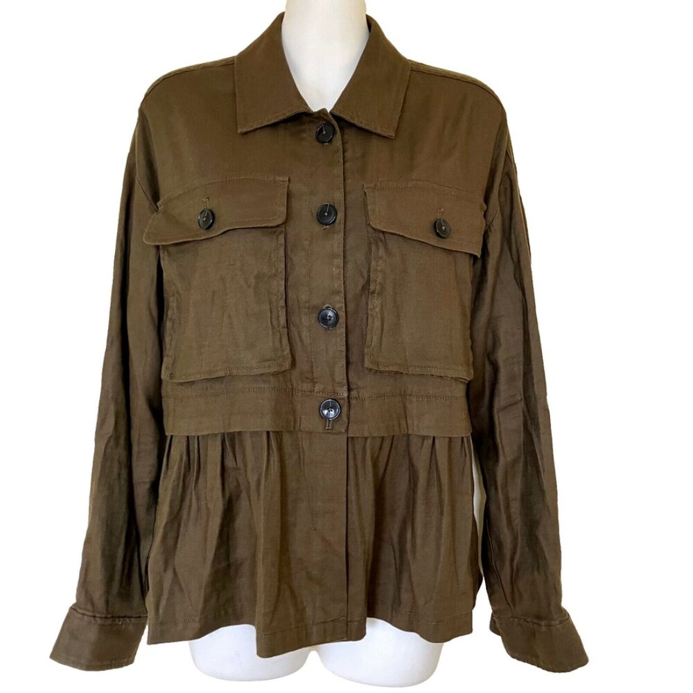Anthropologie Maeve Utility Flounced Shirt Jacket Top Peplum Cargo Pockets Olive